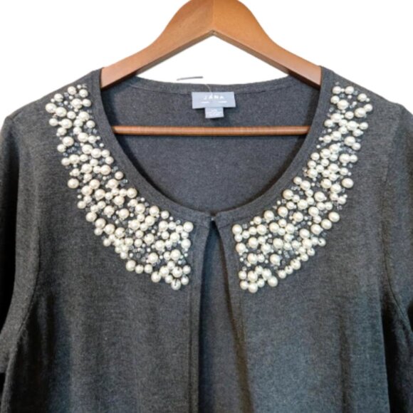 NWT Jana Women's Gray Cardigan with Beads and Pearls Accent - Picture 6 of 6